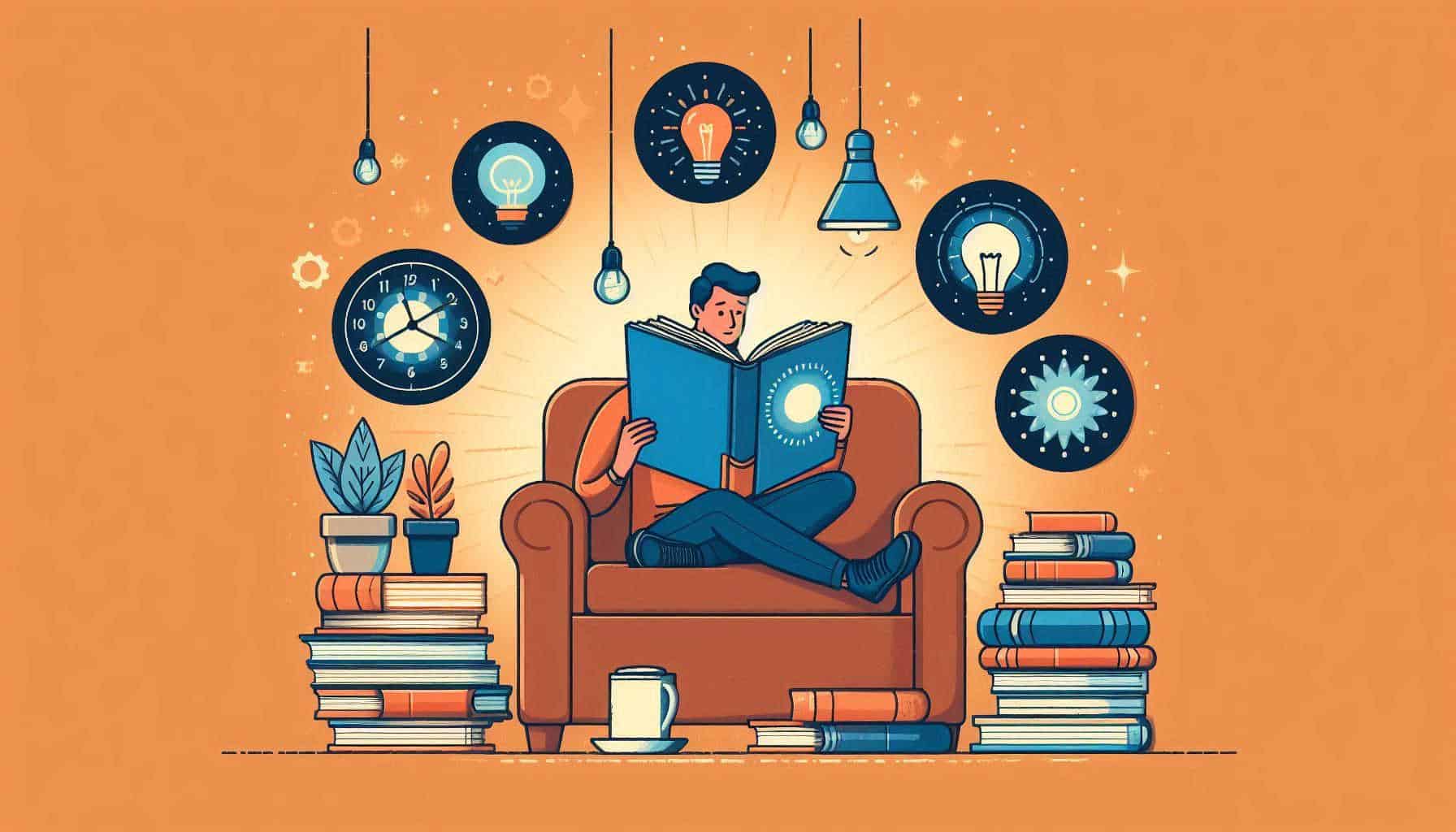 An illustration of a person reading books on self-awareness